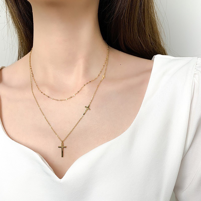 Cross-border European and American Fashion Simple Cross Double-layer Necklace Titanium Steel Non-fading 18K Gold Ins Style Women's Collarbone Necklace