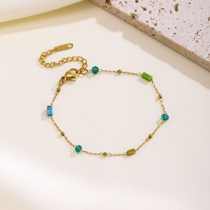 Dopamine Outfit Simple Elegant Niche Geometric Jewelry Multicolor Natural Stone Beaded Design Titanium Steel Necklace