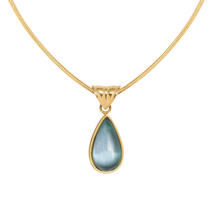 French Style Light Luxury Transparent Green Water Drop Blue Ocean Titanium Steel Necklace Jewelry for Women Retro Mermaid Tears Clavicle Chain