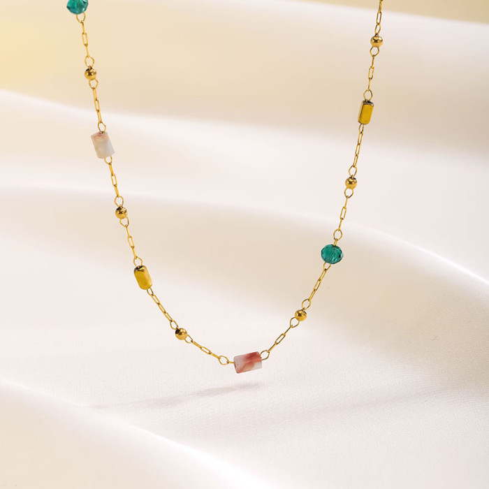 Dopamine Outfit Simple Elegant Niche Geometric Jewelry Multicolor Natural Stone Beaded Design Titanium Steel Necklace