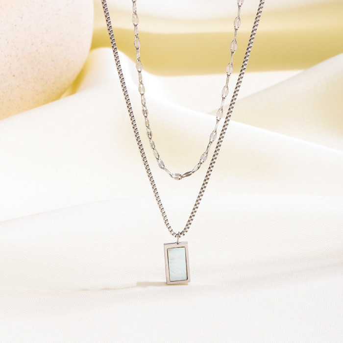 High-end White Mother-of-Pearl Titanium Steel Necklace Double Layer Light Luxury Niche Layered Collarbone Chain Jewelry for Women Elegant Collarbone Chain