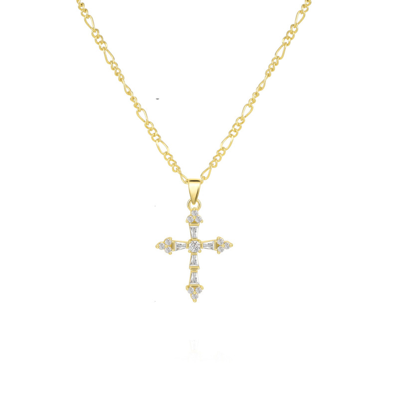 CZ Cross Stainless Steel Figaro Necklace Non-Fading 3:1 NK Chain 18K Gold Zircon Cross Necklace for Women