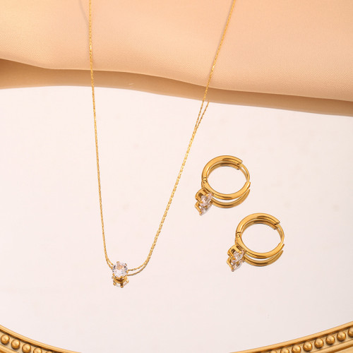 Cross-Border Hot-Selling Design Sense Gold High-End 6-Prong Diamond Pendant Necklace Earring Set for Women Niche Light Luxury Non-Fading