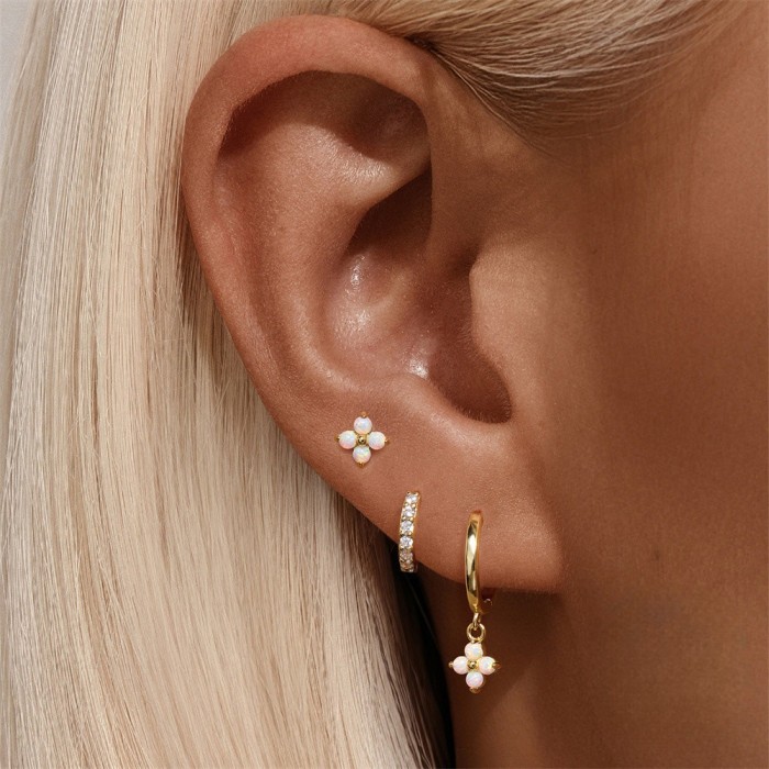 High-end Hot-selling Geometric Classic Petal Inlaid Diamond Hoop Earrings Light Luxury Opal Women's Earrings