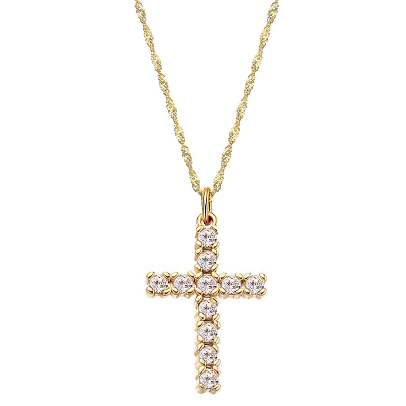 Eco-friendly Brass 3A Zircon Cross Stainless Steel Water Wave Chain 18K Gold Mini Zircon Cross Necklace for Women