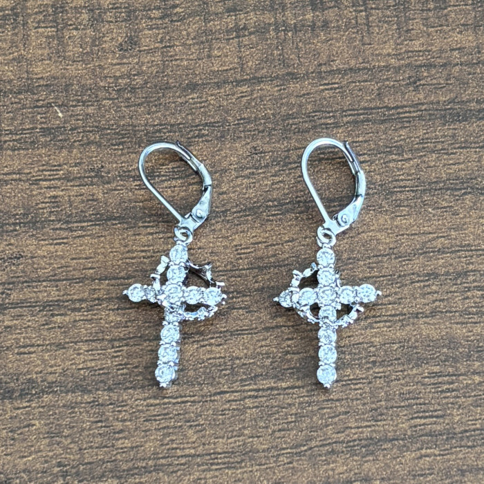 Crown Cross Earrings Rotatable Ring Stainless Steel Ear Clips 3A Zircon Crown Cross Earrings