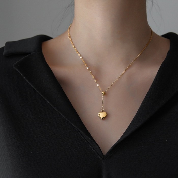 Pull-out Heart Tassel 18K Gold Titanium Steel Necklace Women's Sexy Choker European and American Style Personality Ins Minimalist Pendant Accessory