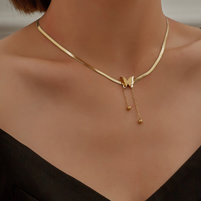 Jewelry Niche Light Luxury Stainless Steel Real Gold Matte Butterfly Pendant Exquisite Tassel Collarbone Chain Bracel...
