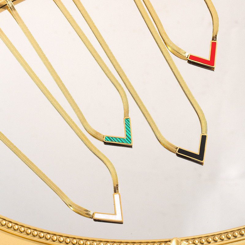 European and American Cross-Border Hot Sale Sexy V-Shaped Pendant Flat Snake Chain Necklace Retro Personality Stainless Steel 18K Plated Jewelry for Women