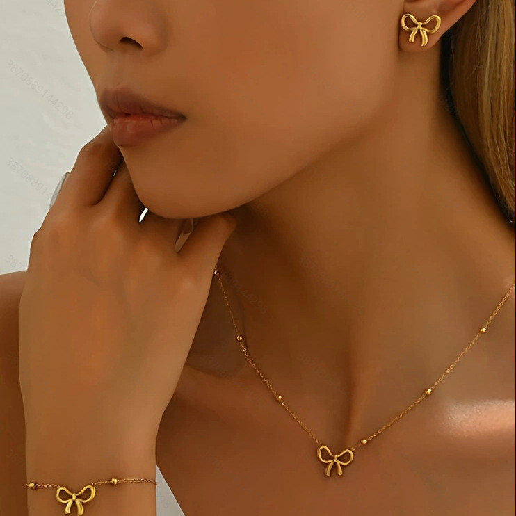 New Sweet Escape Princess Bowknot round Beads Titanium Steel Bracelet Female Fashionable Temperamental All-Match Simple Trendy Hand Jewelry