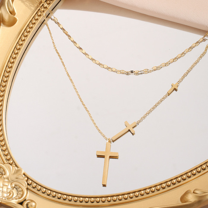 Fashion Simple Cross Double-layer Necklace Titanium Steel Non-fading 18K Gold Ins Style Women's Collarbone Necklace