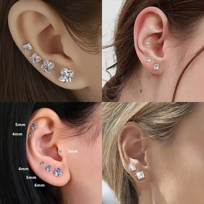 Cross-Border Foreign Trade Amazon Stainless Steel Earrings Fashion OL Versatile Square Four-Prong Zircon Earrings Piercing Jewelry
