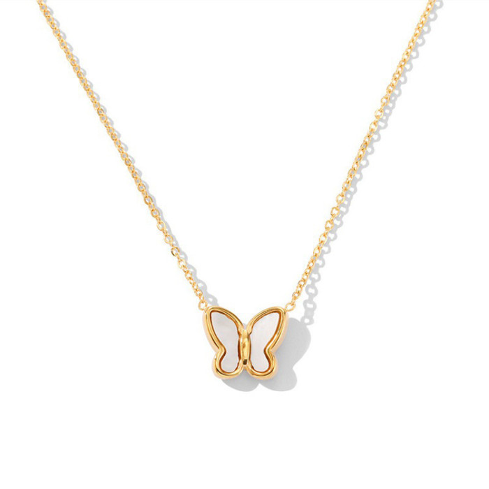 French Minimalist INS Fresh Butterfly White Shell Necklace Set Earrings Studs 18K Gold Plated Collarbone Chain Wholesale