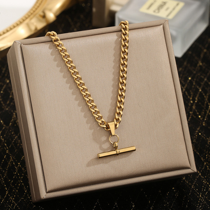 European and American Cross-Border INS Style Retro Fashion Necklace Jewelry Stainless Steel 18K Gold Plated Simple Geometric T-Bar Necklace