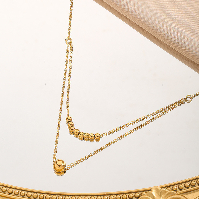 European and American New Cross-Border Design Trendy Women's 18K Gold Stainless Steel Double Layer Rice Bead Non-Fading Necklace Jewelry