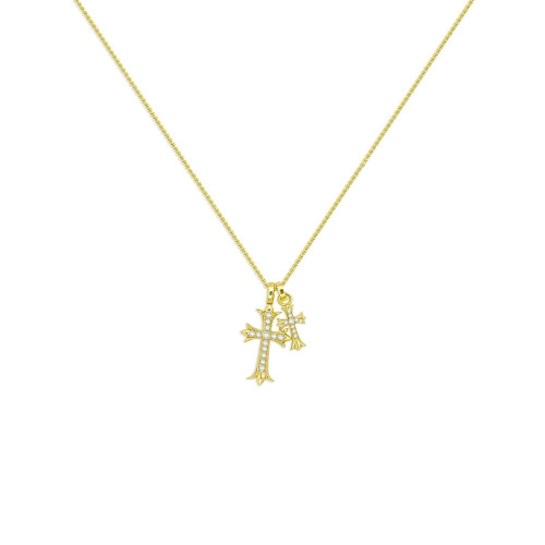 Double Cross Pendant Necklace Micro Inlaid Zircon Double Cross Necklace 18K Gold Baroque Cross Necklace for Women