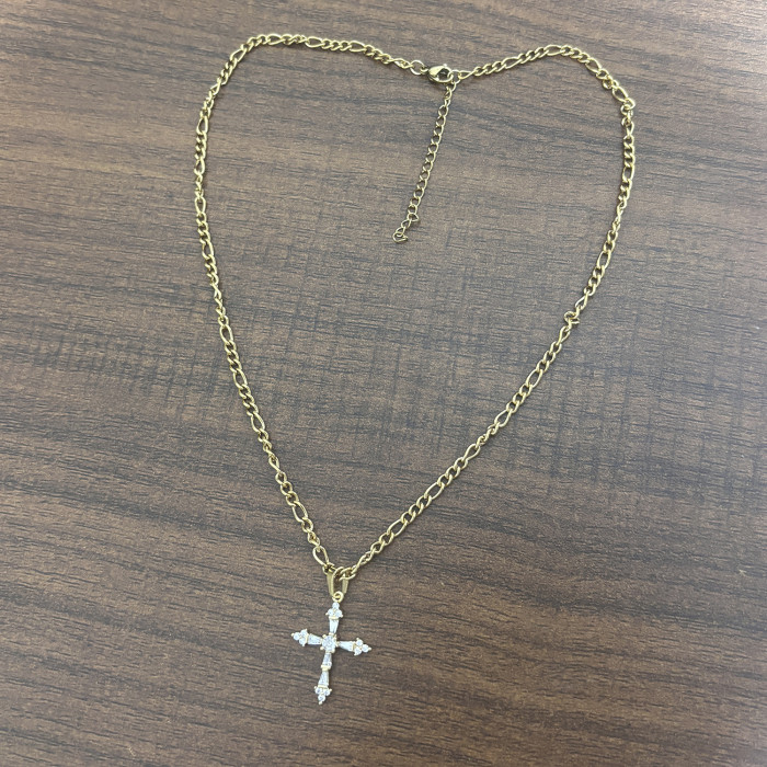 CZ Cross Stainless Steel Figaro Necklace Non-Fading 3:1 NK Chain 18K Gold Zircon Cross Necklace for Women