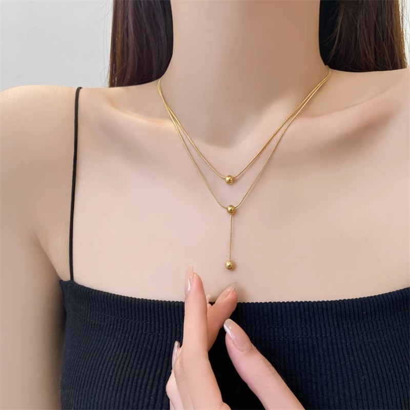 Titanium Steel Double Layer Necklace for Women, Niche High-end Design, Small Round Bead Collarbone Chain, 2023 New Trendy Simple Accessory