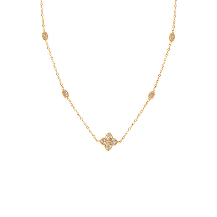 2025 New White Stone Hollow Four-Leaf Clover Titanium Steel Necklace for Women Fashionable Elegant High-End Exquisi...