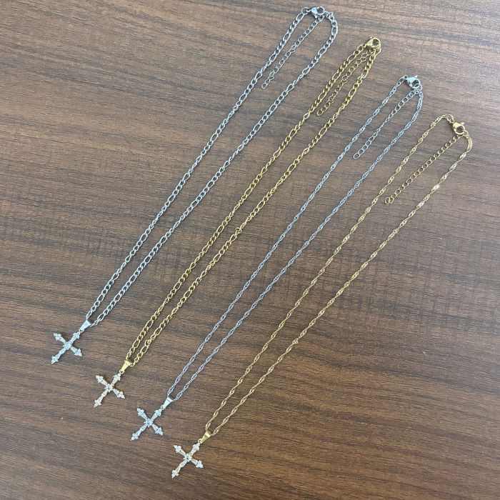 CZ Cross Stainless Steel Figaro Necklace Non-Fading 3:1 NK Chain 18K Gold Zircon Cross Necklace for Women