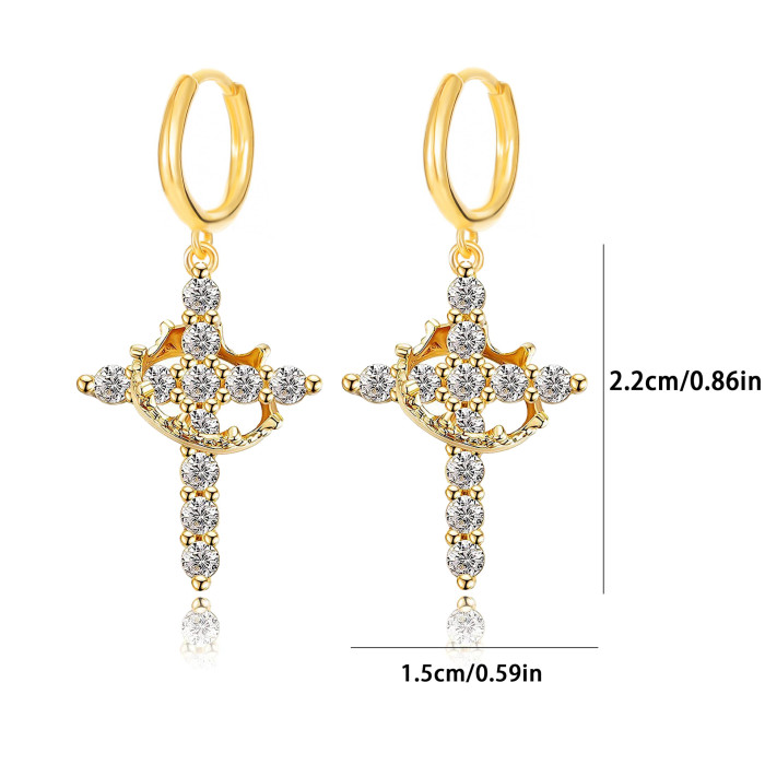 Crown Cross Earrings Rotatable Ring Stainless Steel Ear Clips 3A Zircon Crown Cross Earrings