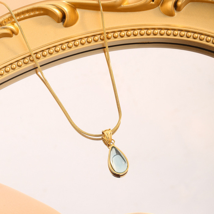 French Style Light Luxury Transparent Green Water Drop Blue Ocean Titanium Steel Necklace Jewelry for Women Retro Mermaid Tears Clavicle Chain