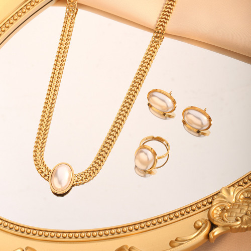 New Pearl K Gold Titanium Steel Jewelry Set Elegant Ring Personality Earrings Fashion Trend Accessories