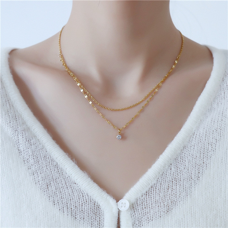 French Style Light Luxury Double Layer Water Wave Single Diamond Super Shiny Titanium Steel Necklace for Women Versatile Minimalist High-end Collarbone Chain