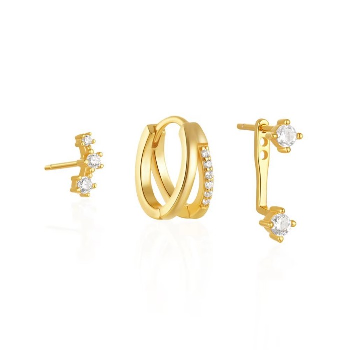 Amazon Bestselling Geometric Three-piece Set Stone-Studded Earrings Light Luxury High-end Sense Elegant Versatile S...