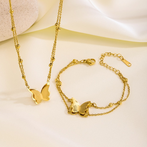 Cross-Border Hot Selling Stainless Steel Butterfly Double-Layer Bead Necklace Bracelet Set Fashion Titanium Steel Non-Fading Butterfly Set
