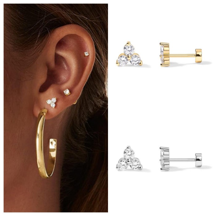 Amazon Hot-Selling Flat-Back Copper Earrings Three-Stone Women's Ear Bone Studs Color Screw Women's Earrings Jewelry