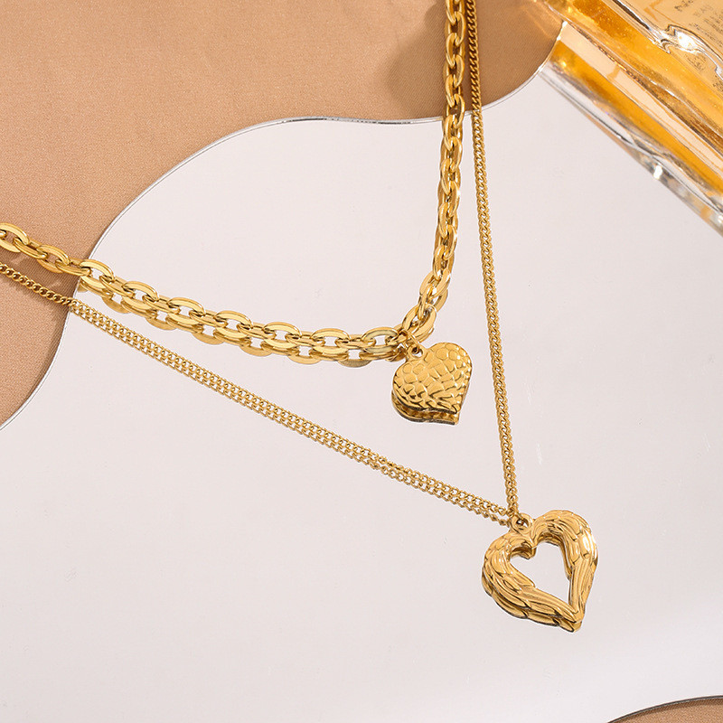 European and American Cross-Border Retro Fashion High-End Simple Multi-Layer Titanium Steel Metal Chain Texture Hollow Heart Pendant Necklace