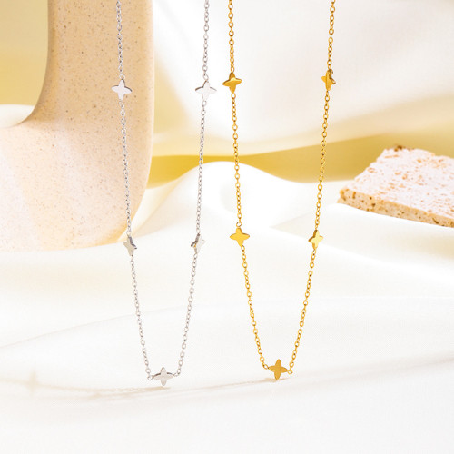 Lucky Four-Leaf Clover Flower Layered Simple Small Collarbone Chain Titanium Steel Color-Retaining Versatile Light Luxury Necklace Choker