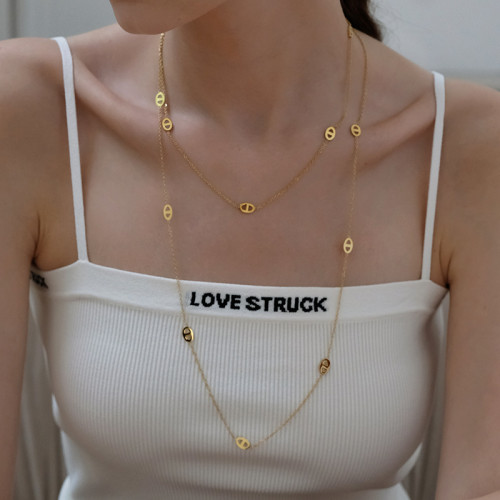Light Luxury Long Titanium Steel Non-Fading Double Layer Pig Nose Long Necklace Simple Sweater Chain Niche High-End Feel Layered Wear