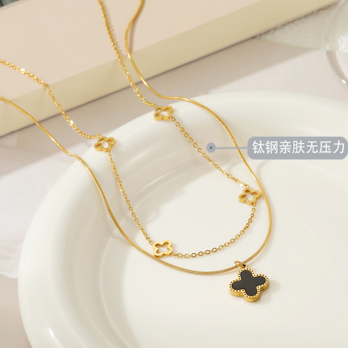 Internet Celebrity Fashion Titanium Steel Hollow Shell Four-Leaf Clover Layered Necklace Round Snake Bone Double Layer Necklace Pendant Factory Wholesale