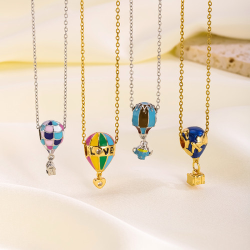 European and American Cross-Border Personality New Colorful Hot Air Balloon Flying House Tour Pendant Light Luxury Ins Titanium Steel Necklace Jewelry