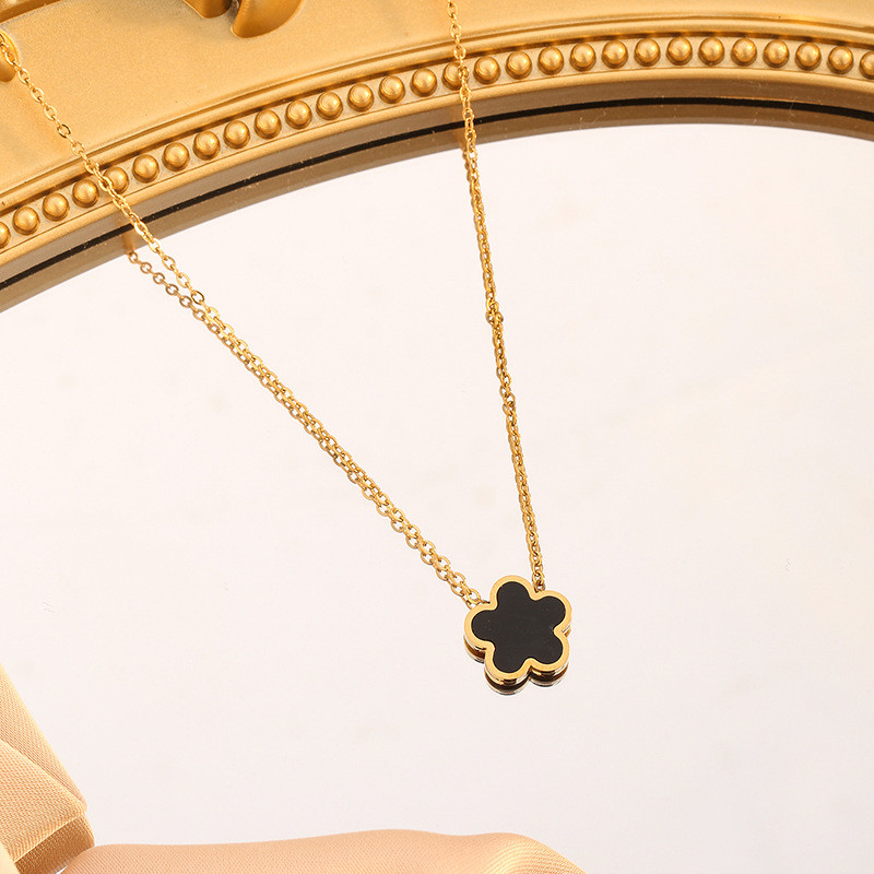 Cross-Border Fashion Personality Five-Leaf Flower Set Black Shell Titanium Steel Necklace Earrings Light Luxury Temperament Set Clavicle Chain for Women