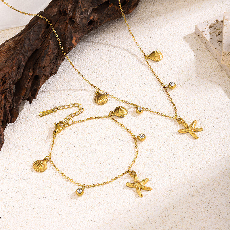 European and American Style Real Gold Plated Ocean Wind Shell Starfish Zircon Titanium Steel Necklace for Women Exquisite Light Luxury Collarbone Chain Non-Fading