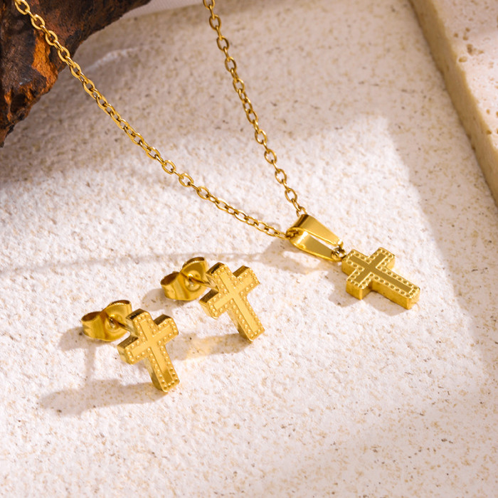 New Titanium Steel 18K Gold Cross Necklace Earrings for Women Fashionable Elegant Exquisite Simple Ins Collarbone Chain