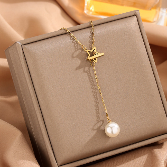 Korean Style Elegant Simple Gentle Jewelry High Gloss Shell Pearl Pendant Star-shaped OT Buckle Design Versatile Titanium Steel Gold-plated Necklace