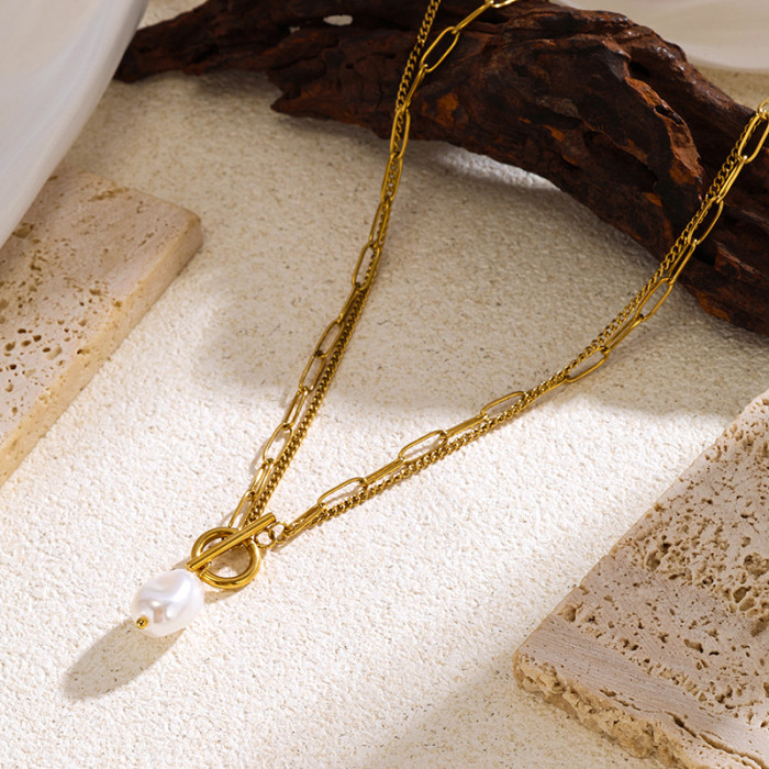 New Style Simple Retro Baroque Pearl Irregular OT Double Layer Chain Metal Punk Stainless Steel Necklace