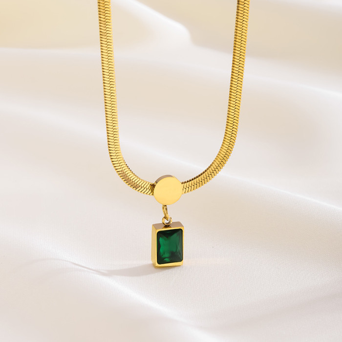 INS Style 18K Gold Stainless Steel Necklace Green Square Zircon Pendant Snake Chain Fashion Retro Earring Set, Jewelr...