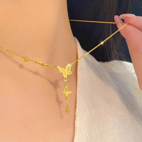 Traditional Gold Butterfly Tassel Necklace for Women French Gentle Versatile Minimalist Style Niche Light Luxury Collarbone Chain Non-Fading