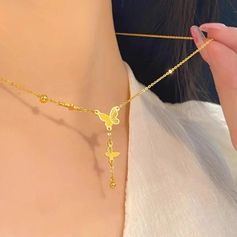Traditional Gold Butterfly Tassel Necklace for Women French Gentle Versatile Minimalist Style Niche Light Luxury Collarbone Chain Non-Fading