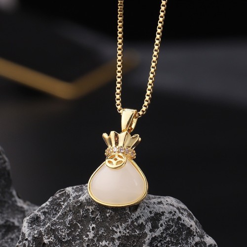 White Chalcedony Lucky Bag Necklace Light Luxury Niche Sweater Chain New Chinese Style High-end Collarbone Titanium Steel Non-fading Versatile Necklace