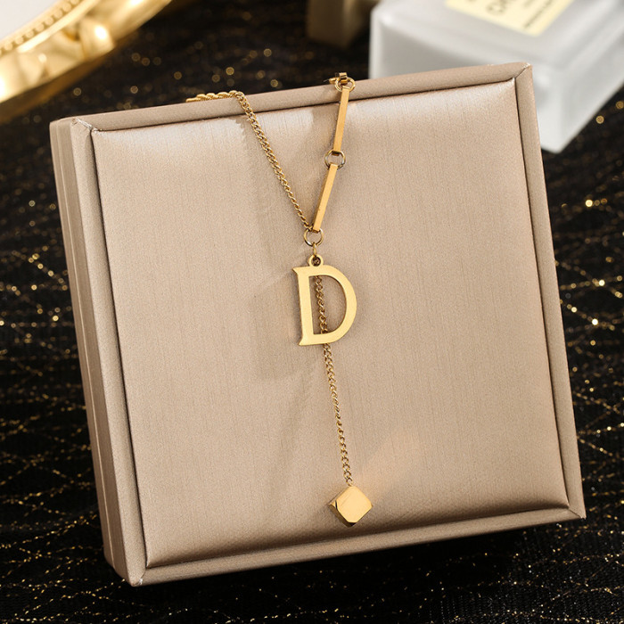 Jewelry Niche High-End Stainless Steel 26 Letter Necklace for Women Small Square Tassel Pendant Collarbone Chain
