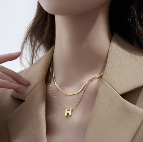 Titanium Steel Letter H Necklace Double Layer Stacked Simple Fashionable Elegant Collarbone Chain Light Luxury Niche Commuting Sweater