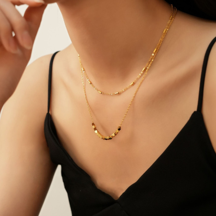 Cross-Border Chic Style Square Tassel Double-Layer Necklace Jewelry for Women, Non-Fading, Niche Design Sense Collarbone Chain