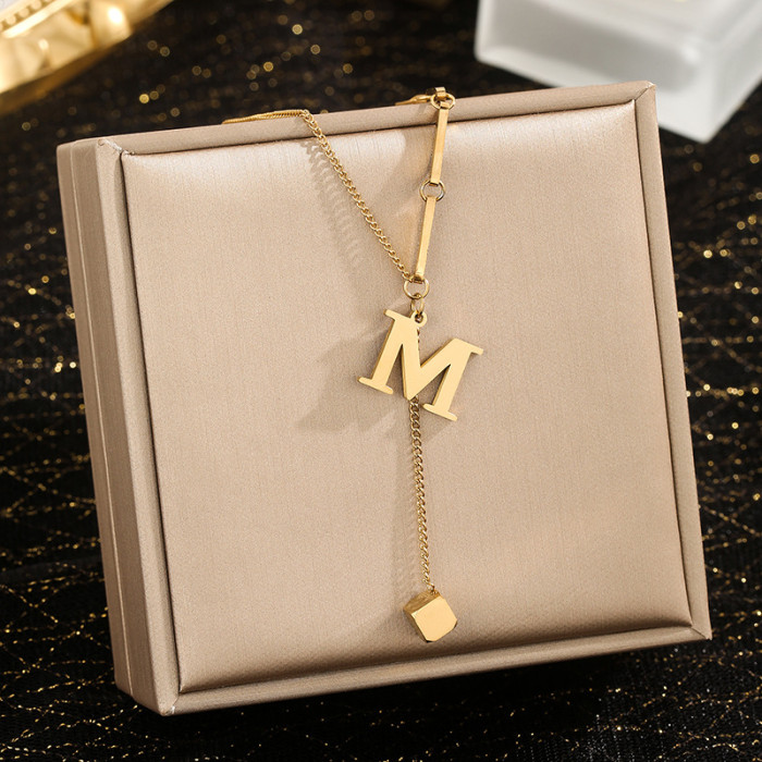 Jewelry Niche High-End Stainless Steel 26 Letter Necklace for Women Small Square Tassel Pendant Collarbone Chain