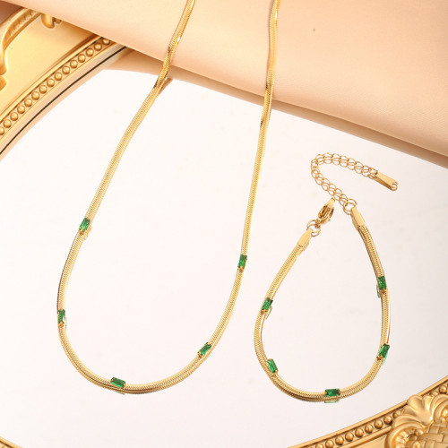 European and American Elegant Square Zircon Blade Chain Colorful Zircon Titanium Steel Necklace for Women Fine Versatile 18K Gold Plated Bracelet Set